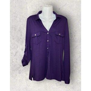 Vintage Carlalite Purple Button Front Roll Top Collared Blouse Size Medium